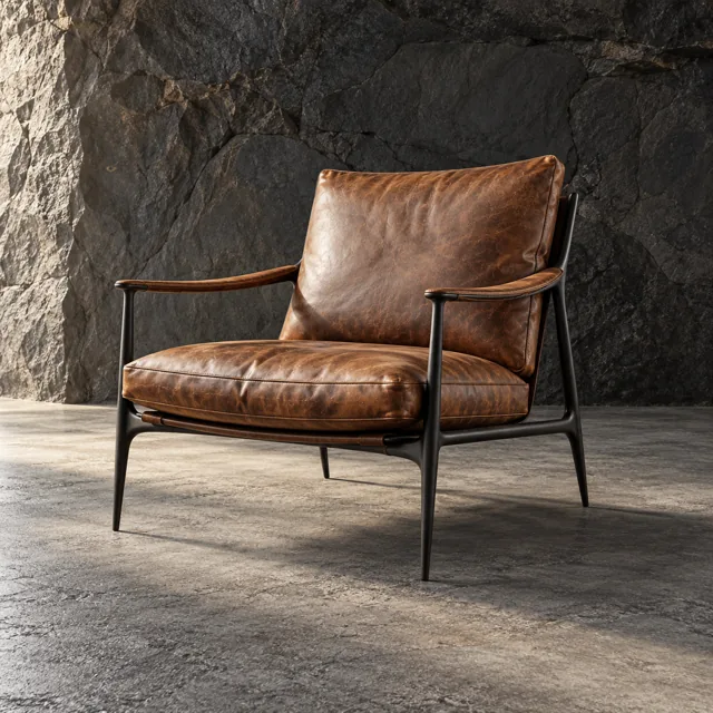 Brown leather lounge chair with a slender metal frame
