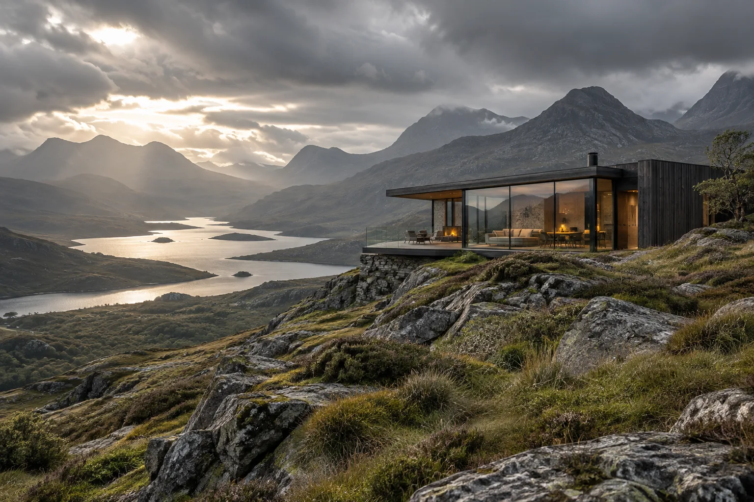 The Modern Retreat: a contemporary mountain house surrounded by rugged scenery