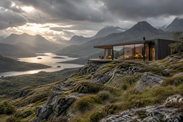 Rugged mountain landscape around a remote retreat